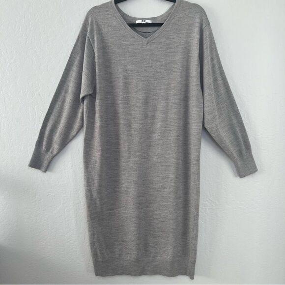 UNIQLO Gray Wool Blend V-Neck Sweater Dress Medium Knit Midi Soft Minimalist - Picture 2 of 5